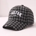 Kids thick plaid baseball cap featuring white BOSTON embroidery in grey checkered pattern - Kids 3-10 Years (50-54CM) / Gray and Black Plaid