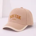 Kids vintage corduroy baseball cap in beige with yellow BOSTON embroidery detail - 50-54cm / Khaki