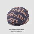 Navy and brown corduroy baby beret hat with CUTE BABY letter blocks print - 50-52cm / Navy Blue