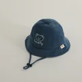 Winter corduroy baby bucket hat in navy blue with lucky bear embroidery and chin strap - 48-50cm / Blue