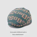 Toddler velvet beret cap in dark green with pink baby letter block patterns - 50-52cm / Fruit Green