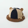 Kids corduroy bucket hat with plush ears and color-block design in khaki and navy - Toddler One Size / Beige and Navy