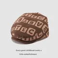 Brown corduroy kids beret hat with alphabet letter prints for winter fashion style - 50-52cm / Coffee
