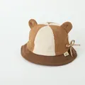 Brown and beige corduroy baby bucket hat with bear ears and a cute bow tie detail - Toddler One Size / Patchwork Yellow
