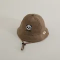 Brown kids panda bucket hat with embroidery and adjustable chin strap in warm fabric - 48-50cm / Light Coffee