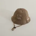 Coffee brown kids bucket hat with cute bear embroidery and Lucky text detail - 48-50cm / Light Coffee