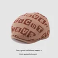 Corduroy baby beret with brown letter prints in beige color for winter fashion - 50-52cm / Khaki