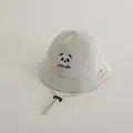 Kids' beige waffle knit bucket hat with cute panda embroidery and windproof strap - 48-50cm / Beige
