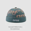 Blue corduroy brimless dockers hat for kids with cute embroidery and patterns - Toddler Style / Fruit Green