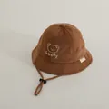 Caramel brown kids' fisherman hat with lucky bear embroidery and adjustable windproof rope - 48-50cm / Dark Coffee