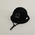 Kids black winter bucket hat with Lucky bear embroidery and adjustable chin strap - 48-50cm / Black