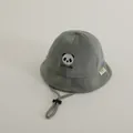 Sage green kids bucket hat with panda embroidery and adjustable drawstring strap - 48-50cm / Dark Gray