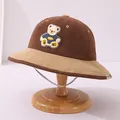 Brown corduroy bear bucket hat for children with chin strap and soft beige brim - 50-52cm / Dark Coffee Bear