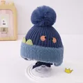 Donkerblauwe gebreide wintermuts voor kinderen met grote pompon en schattig gezichtje - 2-6 Jaar / Blauw