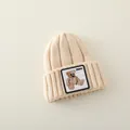 Winter thick knit beanie in beige featuring a cute brown teddy bear embroidery patch - 2-7 Years (Elastic) / Beige