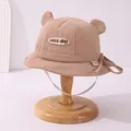 Khaki Cord-Fischerhut für Babys mit Bärenohren und Nice-Day-Aufnäher auf Holzständer - Nice-Day Stil (TZJP22) / Hellkaffee