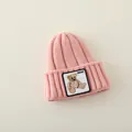 Pink winter knitted beanie for kids with cute teddy bear patch and soft texture - 2-7 Years (Elastic) / Pink