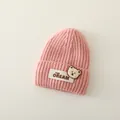 Gorro de punto rosa para bebé con parche de osito y textura acanalada - Talla única / Rosa