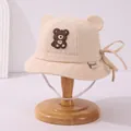 Beige corduroy bear ear bucket hat for kids with adjustable ties and cute bear patch - 46-48cm / KKJ Bear Style (TZJP22) / Beige
