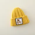 Winter knit beanie for kids in vibrant yellow with embroidered teddy bear patch - 2-7 Years (Elastic) / Yellow