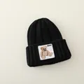 Thick black knitted winter hat for kids with a cute teddy bear embroidery patch - 2-7 Years (Elastic) / Black