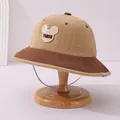 Kids corduroy bucket hat in beige and brown with bear patch and chin strap - 50-52cm / Mouse Khaki