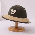 Green and beige corduroy bucket hat for kids with cute bear patch and elastic strap - 50-52cm / Mouse Army Green