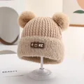 Beige winter knit beanie for babies with double faux fur pom poms and elk patch - CORE Silicone Tag Style (Style 4) / Khaki