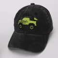 Dark grey washed cotton kids baseball cap with neon green monster truck embroidery - 48-53cm / Black