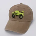 Khaki cotton kids baseball cap featuring a neon green embroidered monster truck design - 48-53cm / Khaki