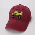 Burgundy washed cotton baseball cap for kids with yellow monster truck embroidery - 48-53cm / Burgundy