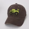 Kids vintage washed brown baseball cap with green monster truck embroidery - 48-53cm / Coffee