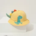Close-up of yellow kids bucket hat featuring a green dinosaur patch and 3D colorful fins - Yellow