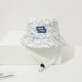 Detail of baby sun hat with blue dinosaur patterns and adjustable windproof chin strap - Toddler 1-4 Years 47-50CM / Blue