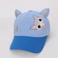 Detail view of children's baseball cap with 3D cat ears and blue patchwork cotton fabric - 47-52cm / Slide Buckle Adjustment / Blue