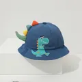 Blue kids bucket hat with 3D cartoon dinosaur spikes and embroidery for sun protection - Dark Blue