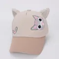 Detail of cute cat ears and embroidered face on children beige baseball cap with pink glitter - 47-52cm / Slide Buckle Adjustment / Khaki