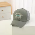 Detail of grey-green kids trucker hat with Brooklyn embroidery and breathable mesh - 48-52cm / Army Green
