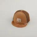 Close-up of baby baseball cap with mesh back and embroidered white letter M - Young Children / Dark Coffee