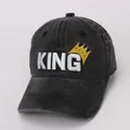 Detail of washed denim kids baseball cap with 3D King embroidery and crown motif - Kids 48-53CM / Black