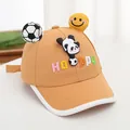 Detail of khaki kids baseball cap featuring cartoon panda, HAPPY embroidery and 3D soccer ball - Coffee