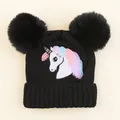 Kids black knit beanie with double faux fur pom-poms and colorful unicorn embroidery - 2-7 Years (Elastic) / Black