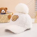 Winter plush baby baseball cap with white fleece, bear patch, and fluffy pompom detail - 50-54cm / White