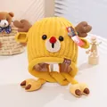 Kids knitted reindeer hat with earflaps and yellow antlers for winter warmth - Kids Size / Yellow
