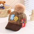 Winter kids baseball cap with brown plaid pattern, fur pompom and letter K embroidery - Coffee (With Pompom)