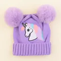 Purple knitted baby hat with double fur pom-poms and colorful unicorn embroidery - 2-7 Years (Elastic) / Purple