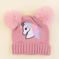 Pink knit baby beanie with cute unicorn embroidery and double faux fur pom-poms - 2-7 Years (Elastic) / Pink