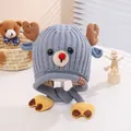 Grey knitted kids earflap hat with cute 3D reindeer antlers and pom-pom claws - Kids Size / Grey Blue
