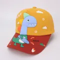 Kids baseball cap featuring yellow and red contrast with a 3D blue dinosaur icon - Model 1 Yellow