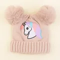 Pink knit baby beanie with faux fur pom-poms and colorful unicorn embroidery - 2-7 Years (Elastic) / Khaki